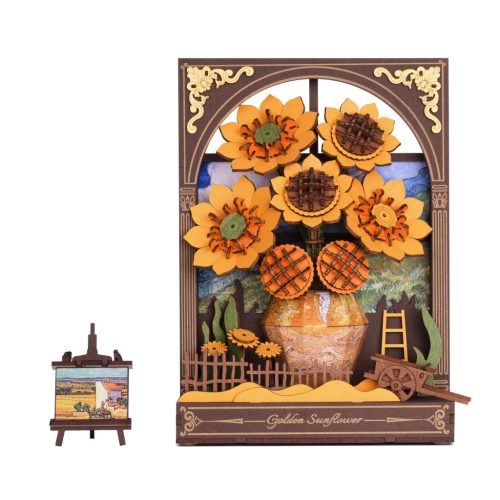 Robotime Golden Sunflower arany napraforgó 3D fa puzzle LED világítással, asztali dekoráció és kreatív építőjáték  